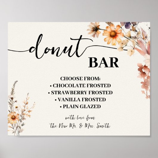 Poster Donut Bar Mariage Fête des mariées Automne Fleurs (Devant)