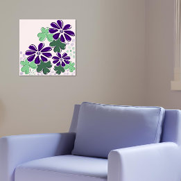 Poster Doodle Abstrait vert et violet et trèfle et fleurs