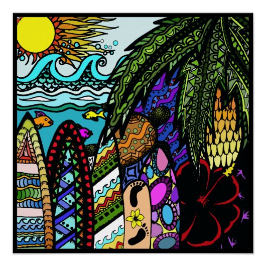 Poster Doodle d'encre hawaïenne, couleur (Devant)