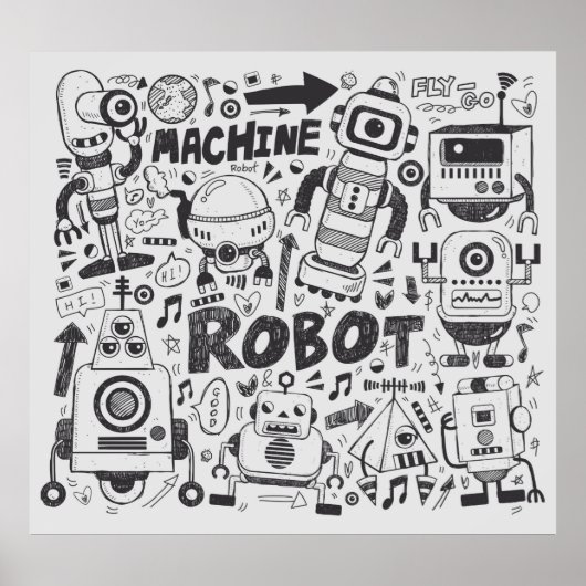 Poster doodle robot élément, illustrateur ligne outils ti (Devant)