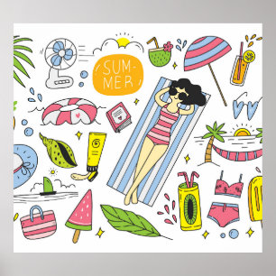 Poster Doodles d'été : Ensemble Arrière - plan blanc.