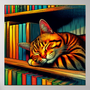 Poster Dormir Comic Style de livre Chat Dormir