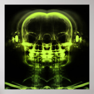 Poster Double crâne à rayons X avec casque - Vert chaux