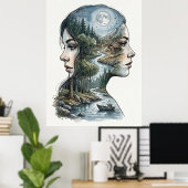 Poster Double Exposition Nature Silhouette Aquarelle (Bureau à domicile)