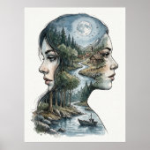 Poster Double Exposition Nature Silhouette Aquarelle (Devant)