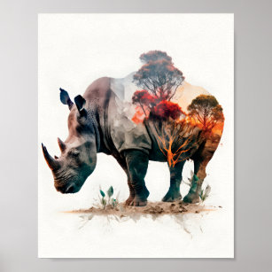 Poster Double Exposition Photographie De Rhinoceros