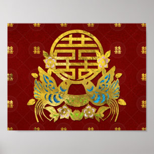Poster Double symbole de bonheur d'or avec des oiseaux