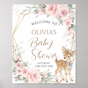 Poster Douce Cerf Rouge Floral Fille Baby Shower Bienvenu