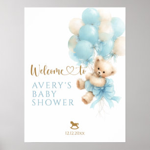 Poster Douce Fête Baby-Shower Ours en Peluche Bleu