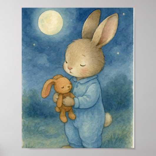 Poster Douce Lapin Endormi & Teddy Clair de Lune Aquarell (Devant)