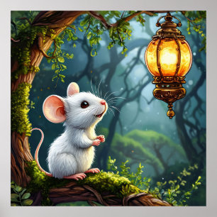 Poster 🐭🏮 Douce Souris Blanche Lanterne Nuit Art Conviv