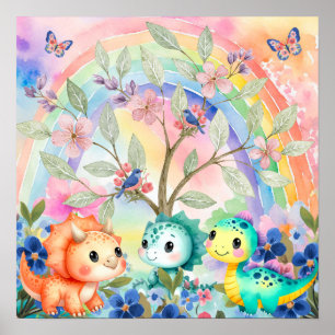 Poster Douces Rêves Arc-en-ciel & Dinosaures Bébés Nurser