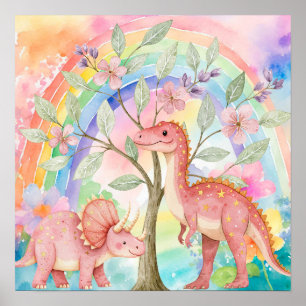 Poster Douces Rêves Arc-en-Ciel Dinosaures Rose Nurserie