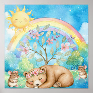 Poster Douces Réves Arc-en-Ciel Ours Endormi & Souris Déc
