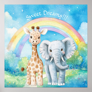Poster Douces Rêves Éléphant Arc-en-Ciel & Girafe Nursery