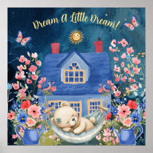Poster Douces Rêves Fleur Teddy Bear & Oiseaux Nursery