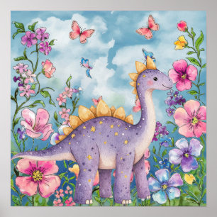 Poster Douces Rêves Fleurale Pépinière Dinosaure Violet