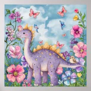 Poster Douces Rêves Floral Dinosaure Violet Nursery