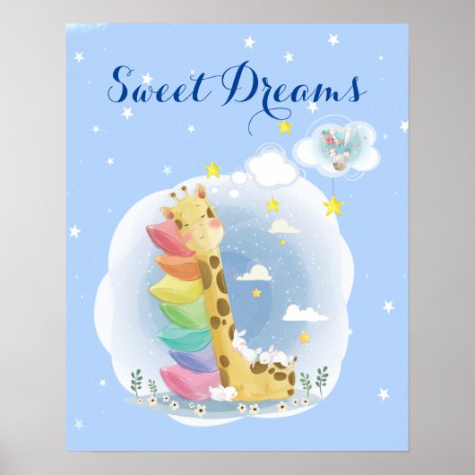 Poster Douces rêves girafe endormi avec des lapins (Devant)