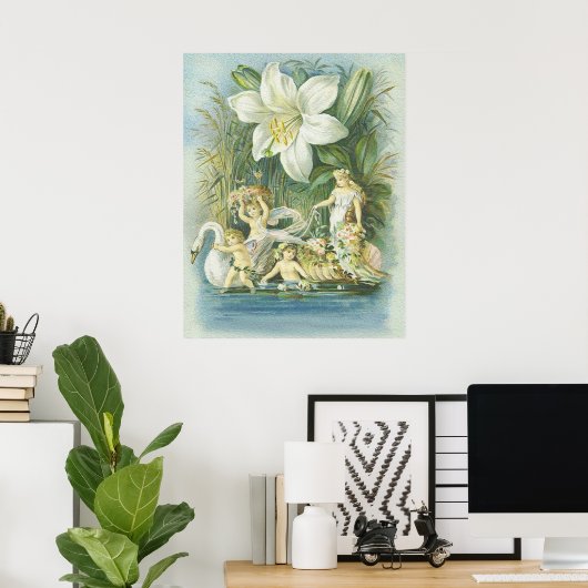 Poster Douceur - Fées, cygne et fleurs (Bureau à domicile)