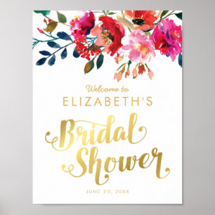 Poster Douche de Mariée Élégante Aquarelle Fleurs Or Blan