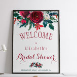 Poster Douche d'hiver burgundy fleurie d'aquarelle<br><div class="desc">Elégant bouquet d'hiver chic rouge bordeaux et blanc avec branches de sapin vert pin saisonnier,  baies rouges et feuillage douche nuptiale signe de bienvenue modèle sur arrière - plan blanc. Idéal pour une soirée élégante et rustique hiver / Noël élégante fête de la nuptiale fleurie.</div>