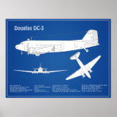 Poster Douglas DC-3 - Plan de dessin du plan directeur de (Devant)