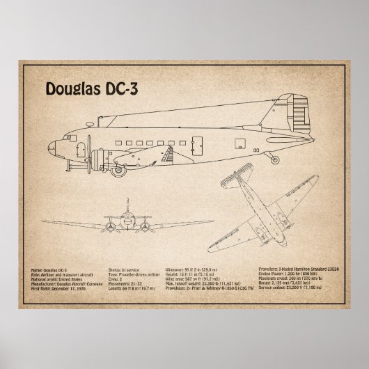 Poster Douglas DC-3 - Plans de dessin du plan directeur d (Devant)
