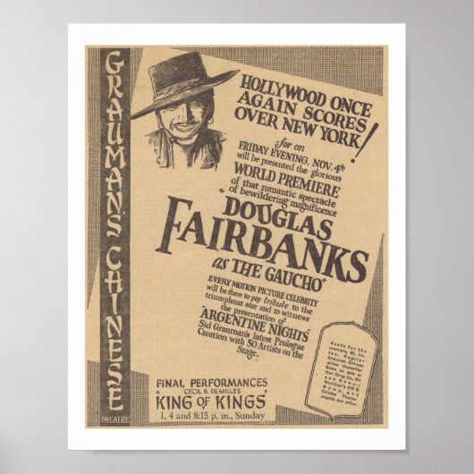 Poster Douglas Fairbanks Première mondiale Gaucho 1927 (Devant)