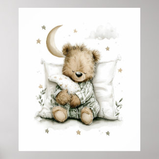 Poster Doux bébé ours profondément endormi sur des nuages