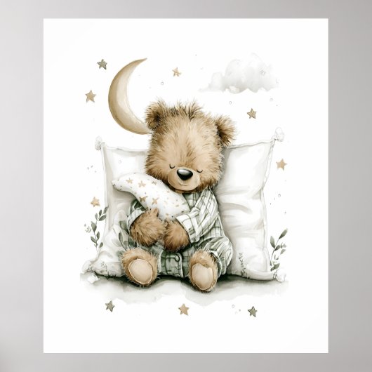 Poster Doux bébé ours profondément endormi sur des nuages (Devant)