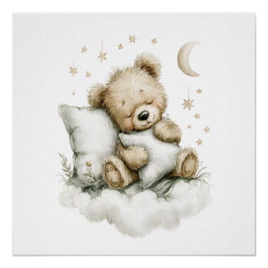 Poster Doux bébé ours profondément endormi sur des nuages (Devant)