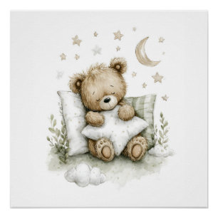 Poster Doux bébé ours profondément endormi sur des nuages