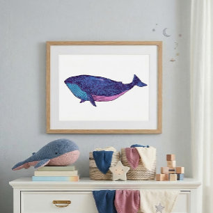 Poster Doux dessin d'art de baleine en bleu océan