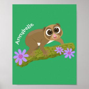 Poster Doux loris lent heureux sur une branche de dessin 