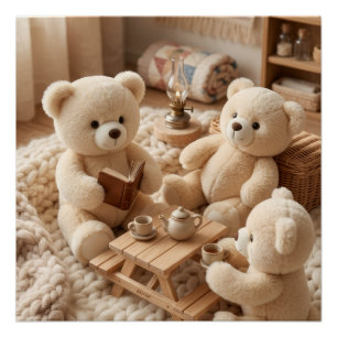 Poster Doux ours en peluche jouant dans une pièce confort