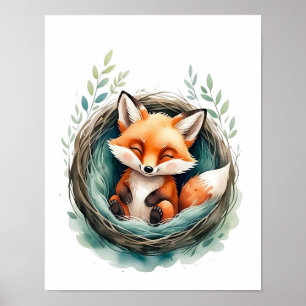Poster Doux Renard Endormi Illustration Aquarelle Nidée