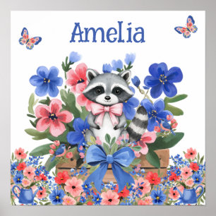 Poster Doux Rêves Floral Bébé Raton Laveur & Nom de l'Enf