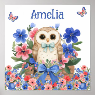 Poster Doux Rêves Floral Chouette Bébé & Nom de l'Enfant