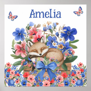 Poster Doux Rêves Floral Renard Endormi & Nom de l'Enfant