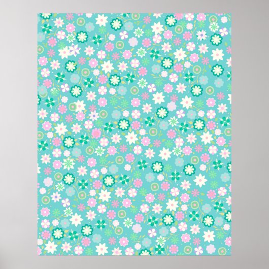 Poster Doux rose blanc Turquoise mousseux motif floral (Devant)