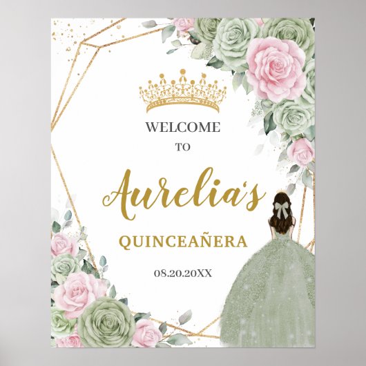 Poster Doux Sage Vert rose Floral Quinceañera Bienvenue (Devant)