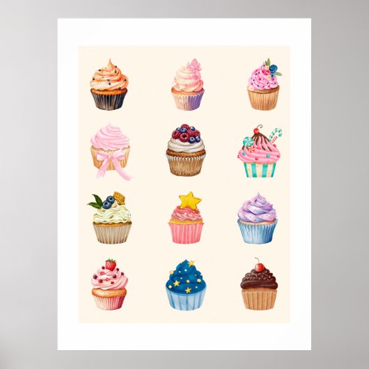 Poster Douze Cupcakes à l'aquarelle (Devant)