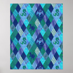 Poster Dragon à patchwork d'aquarelle en bande bleue et v