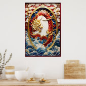 Poster Dragon à souffle de feu Or et rouge (Cuisine)