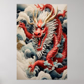 Poster Dragon à souffle de feu rouge et blanc (Devant)