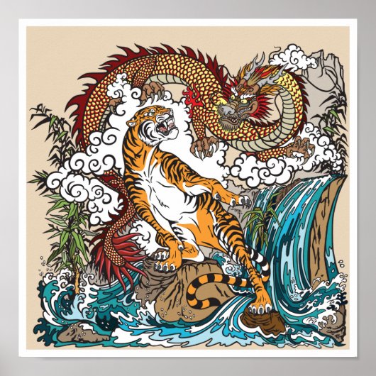 Poster Dragon asiatique contre tigre. ART graphique (Devant)