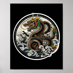 Poster Dragon asiatique vert Lucky Tattoo Design coloré V