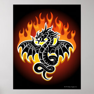 Poster Dragon avec flammes en arrière - plan