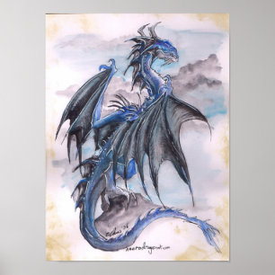 Poster Dragon bleu - aquarelles